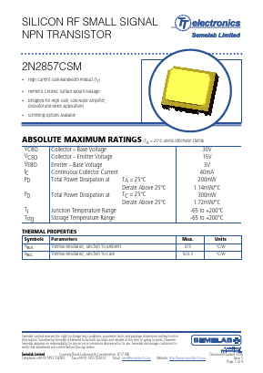 2N2857CSM Datasheet PDF Semelab - > TT Electronics plc 