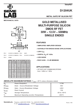 D1204UK Datasheet PDF Semelab - > TT Electronics plc 