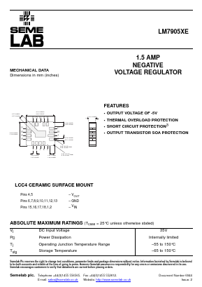 LM7905XE Datasheet PDF Semelab - > TT Electronics plc 