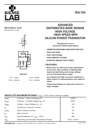 BUL69 Datasheet PDF Semelab - > TT Electronics plc 