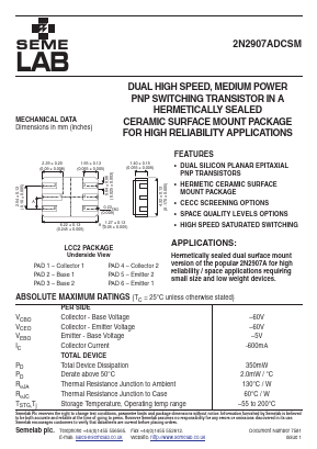2N2907ADCSM Datasheet PDF Semelab - > TT Electronics plc 