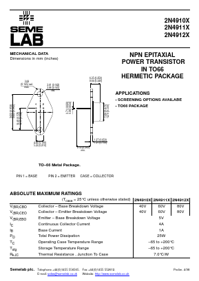 2N4911X Datasheet PDF Semelab - > TT Electronics plc 