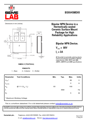 BSX64SMD05 Datasheet PDF Semelab - > TT Electronics plc 