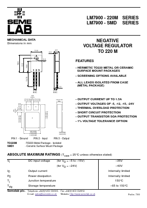 LM7915-SMD Datasheet PDF Semelab - > TT Electronics plc 