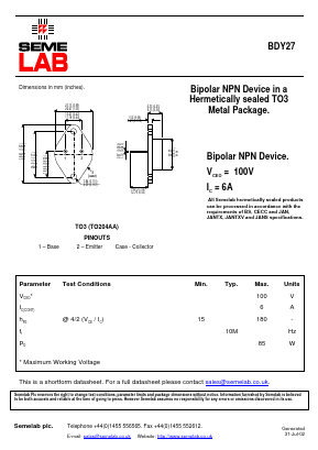 BDY27 Datasheet PDF Semelab - > TT Electronics plc 