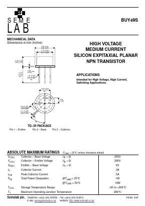 BUY49S Datasheet PDF Semelab - > TT Electronics plc 