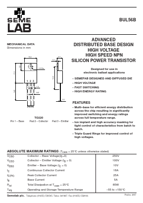 BUL56B Datasheet PDF Semelab - > TT Electronics plc 