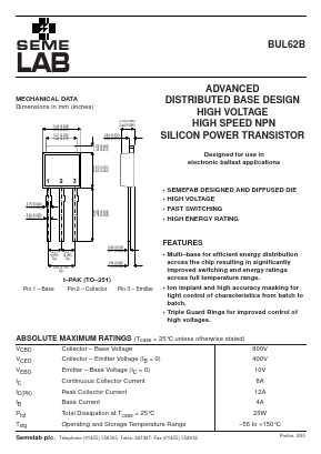 BUL62B Datasheet PDF Semelab - > TT Electronics plc 