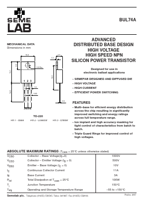 BUL74A Datasheet PDF Semelab - > TT Electronics plc 