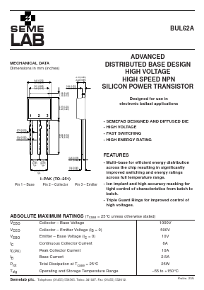 BUL62A Datasheet PDF Semelab - > TT Electronics plc 