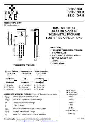 SB30-100M Datasheet PDF Semelab - > TT Electronics plc 
