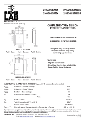 2N6299SMD Datasheet PDF Semelab - > TT Electronics plc 