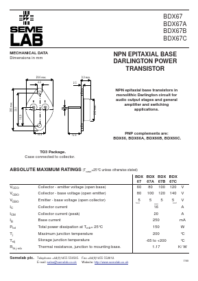 BDX67A Datasheet PDF Semelab - > TT Electronics plc 