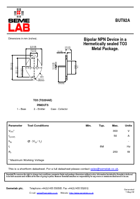 BUT92A Datasheet PDF Semelab - > TT Electronics plc 