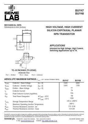 BUY47 Datasheet PDF Semelab - > TT Electronics plc 