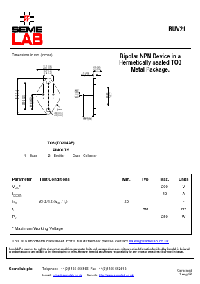 BUV21 Datasheet PDF Semelab - > TT Electronics plc 