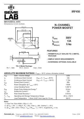 IRF450 Datasheet PDF Semelab - > TT Electronics plc 