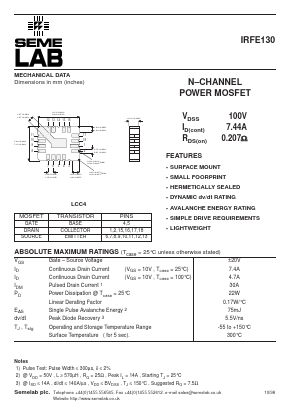 IRFE130 Datasheet PDF Semelab - > TT Electronics plc 