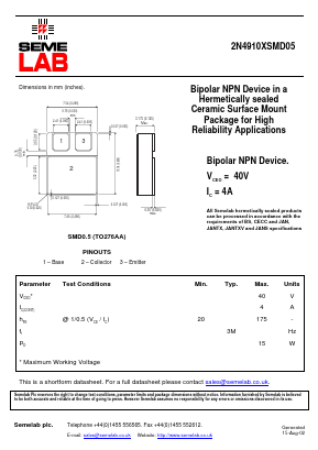2N4910XSMD05 Datasheet PDF Semelab - > TT Electronics plc 