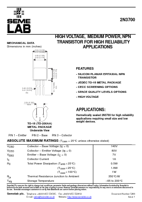 2N3700 Datasheet PDF Semelab - > TT Electronics plc 