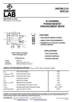 2N6788LCC4 Datasheet PDF Semelab - > TT Electronics plc 