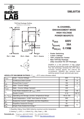SML60T38 Datasheet PDF Semelab - > TT Electronics plc 