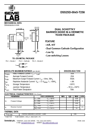DSS25D-0045-T258 Datasheet PDF Semelab - > TT Electronics plc 