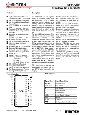 U634H256XS Datasheet PDF Simtek Corporation