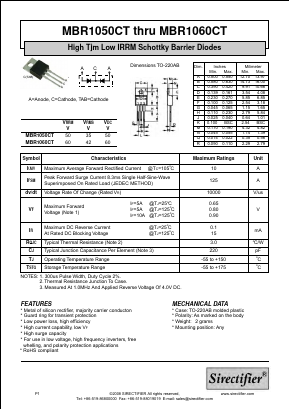 MBR1060CT Datasheet PDF Sirectifier Electronics