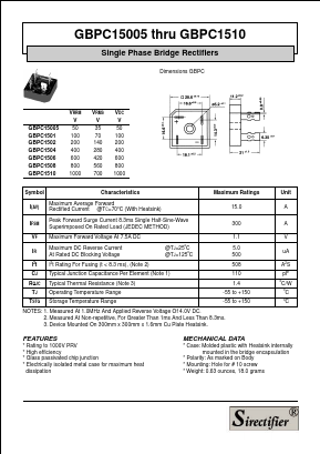 GBPC1504 Datasheet PDF Sirectifier Electronics