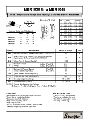MBR1035 Datasheet PDF Sirectifier Electronics