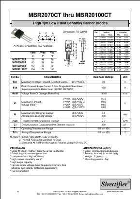 MBR2070CT Datasheet PDF Sirectifier Electronics