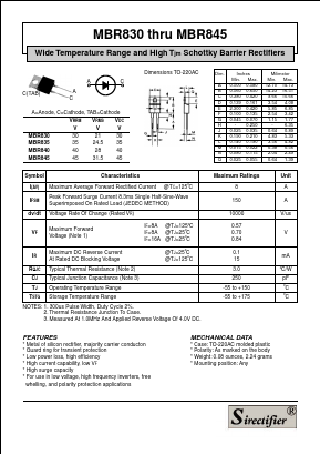 MBR830 Datasheet PDF Sirectifier Electronics