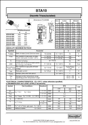BTA10-600 Datasheet PDF Sirectifier Electronics