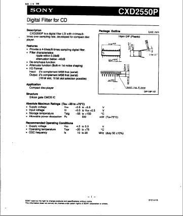 CXD2550P Datasheet PDF Sony Semiconductor