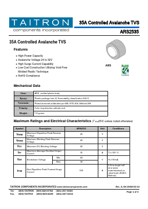 ARS2535 Datasheet PDF TAITRON Components Incorporated