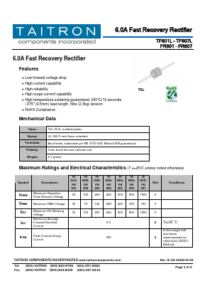 FR601 Datasheet PDF TAITRON Components Incorporated