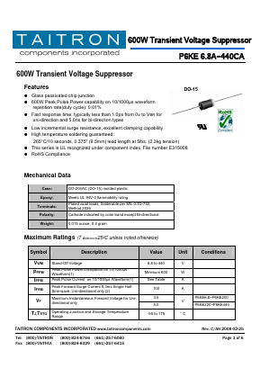 P6KE10A Datasheet PDF TAITRON Components Incorporated