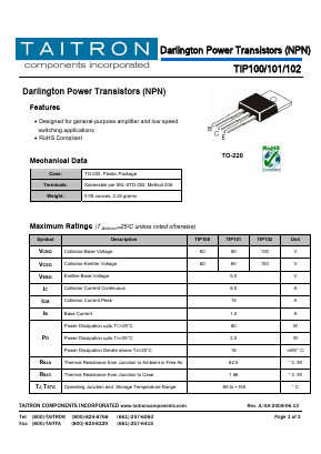 TIP100 Datasheet PDF TAITRON Components Incorporated