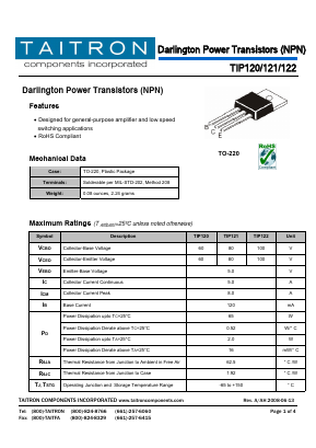 TIP121 Datasheet PDF TAITRON Components Incorporated