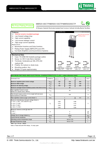 MBR20100CTP Datasheet PDF Thinki Semiconductor Co., Ltd.