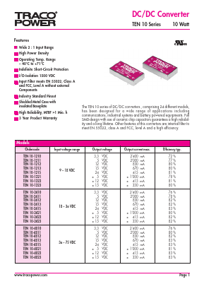 TEN10-2410 Datasheet PDF TRACO Electronic AG