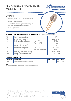 VN10K Datasheet PDF TT Electronics.