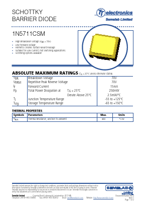 1N5711CSM Datasheet PDF TT Electronics.