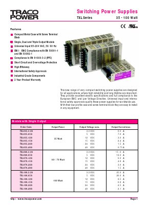 TXL100-0534T Datasheet PDF Traco Power