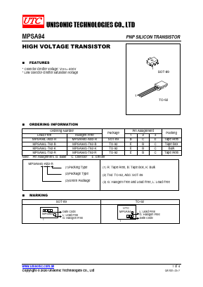 MPSA94G-T92-R Datasheet PDF Unisonic Technologies