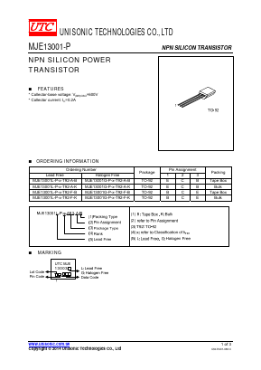 MJE13001L-P-X-T92-F-B Datasheet PDF Unisonic Technologies