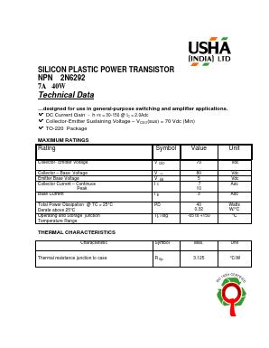 2N6292 Datasheet PDF Usha Ltd 