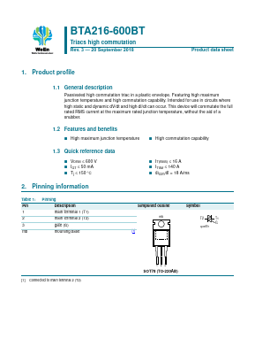 BTA216-600BT Datasheet PDF WeEn Semiconductors