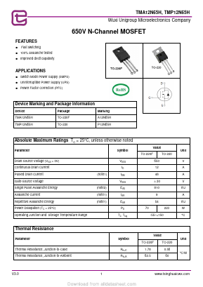 P12N65H Datasheet PDF Wuxi Unigroup Microelectronics Company